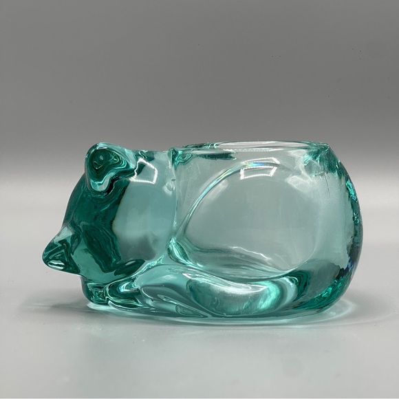 Vintage Teal Indiana Glass Sleeping Kitty Tea Light Holder - Picture 1 of 8